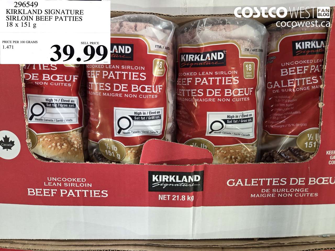 296549 KIRKLAND SIGNATURE SIRLOIN BEEF PATTIES 18 X 151 G $39.99