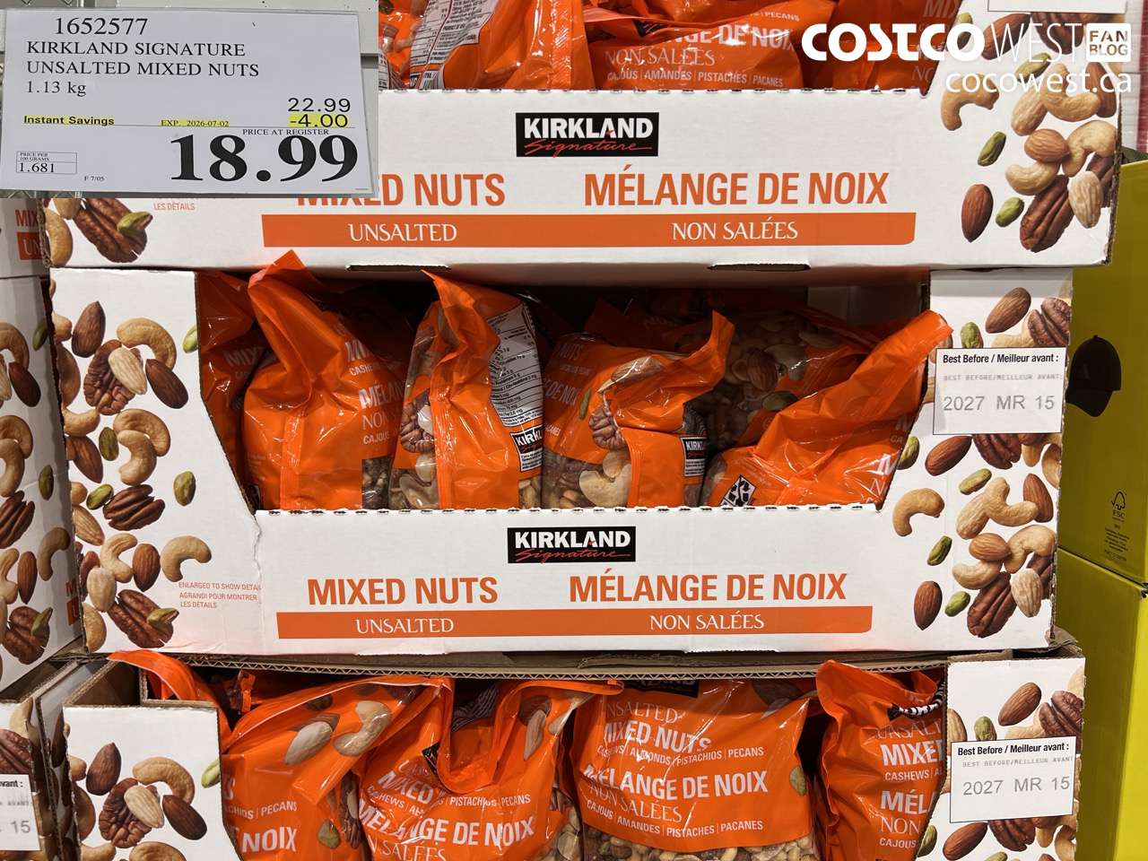 1652577 KIRKLAND SIGNATURE UNSALTED MIXED NUTS 1.13 KG ($4.00 INSTANT SAVINGS EXPIRES ON 2026-07-02) $18.99