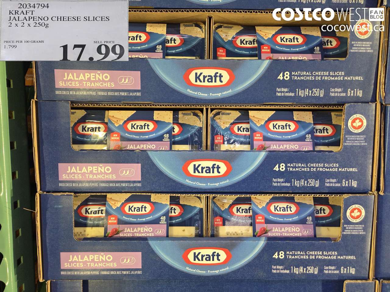 2034794 KRAFT JALAPENO CHEESE SLICES 2 X 2 X 250G $17.99