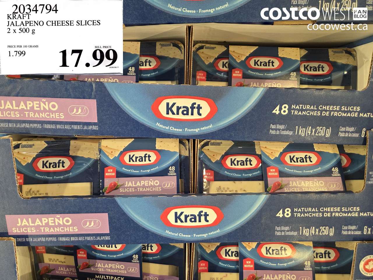 2034794 KRAFT JALAPENO CHEESE SLICES 2 X 500 G $17.99