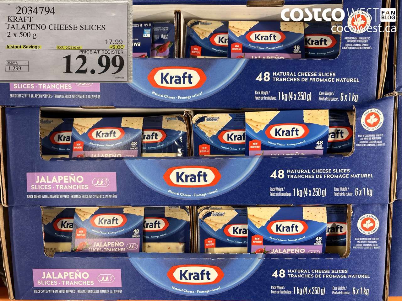 2034794 KRAFT JALAPENO CHEESE SLICES 2 X 500 G ($5.00 INSTANT SAVINGS EXPIRES ON 2026-07-05) $12.99
