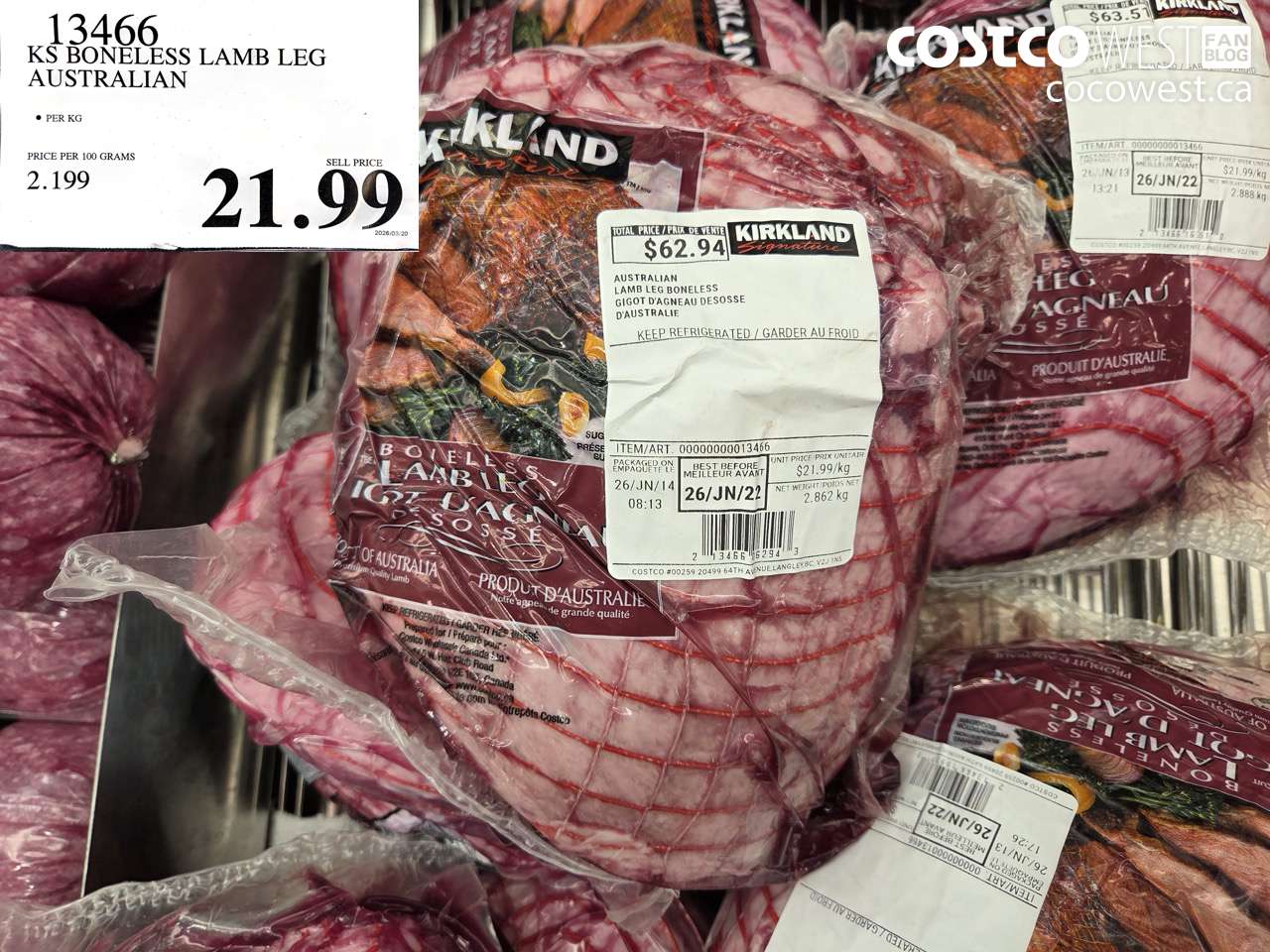 13466 KS BONELESS LAMB LEG AUSTRALIAN $21.99