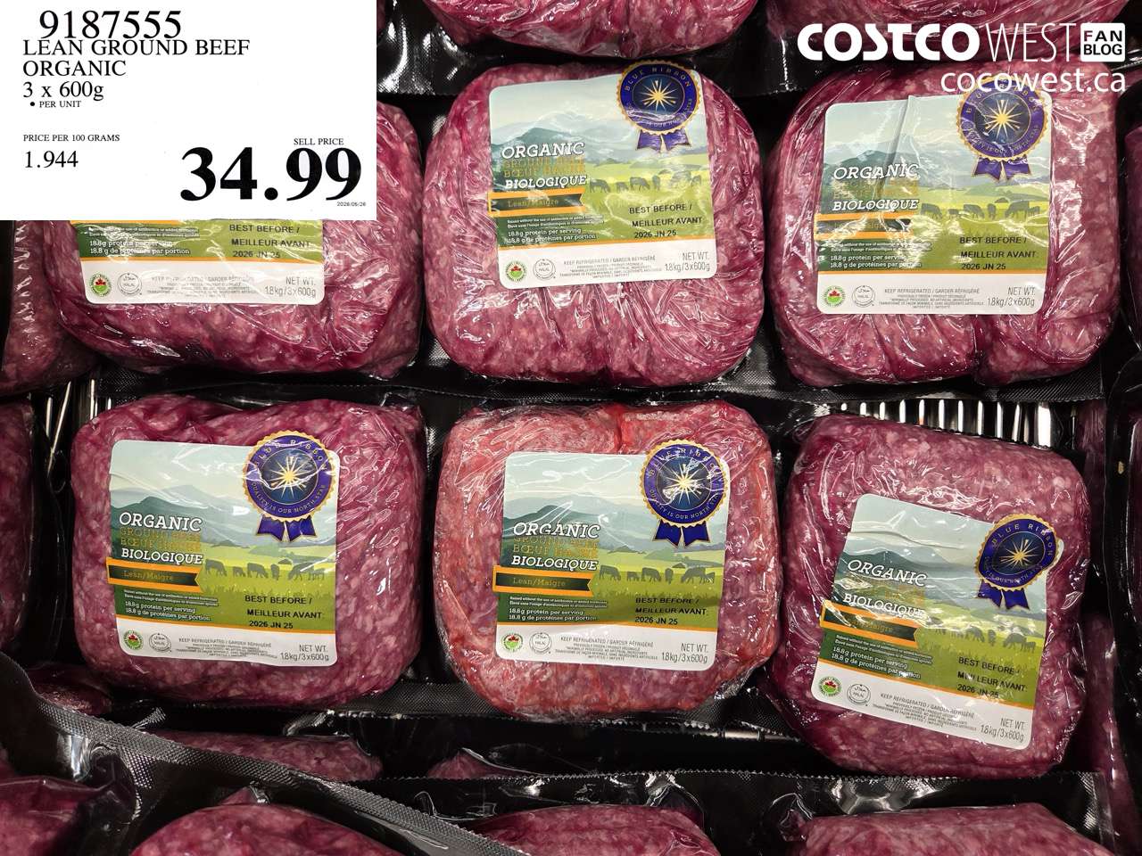 9187555 LEAN GROUND BEEF ORGANIC 3 X 600G $34.99