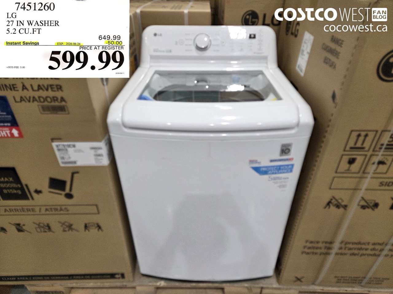 7451260 LG 27 IN WASHER 5.2 CU.FT ($50.00 INSTANT SAVINGS EXPIRES ON 2026-06-24) $599.99