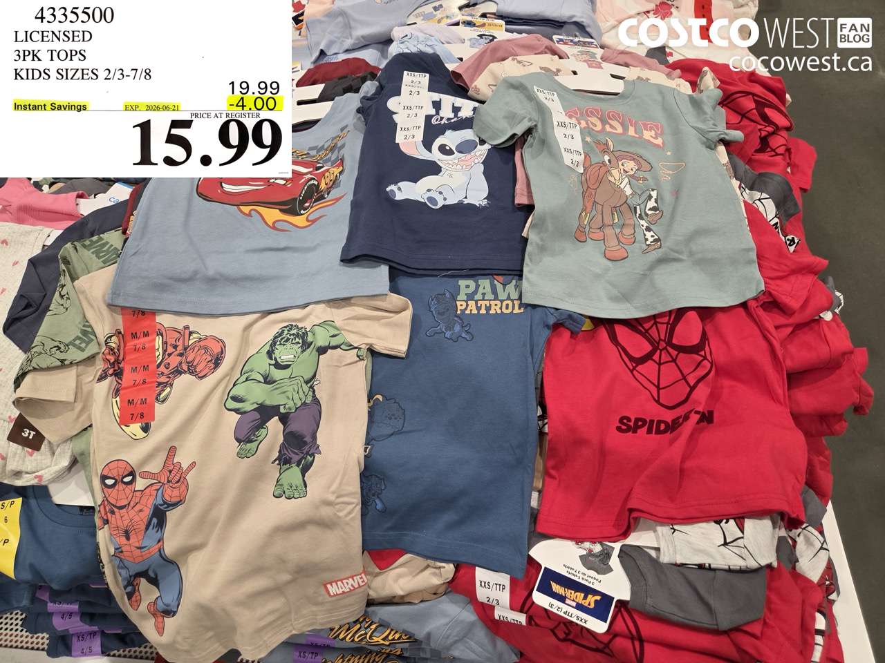4335500 LICENSED 3PK TOPS KIDS SIZES 2/3-7/8 ($4.00 INSTANT SAVINGS EXPIRES ON 2026-06-21) $15.99