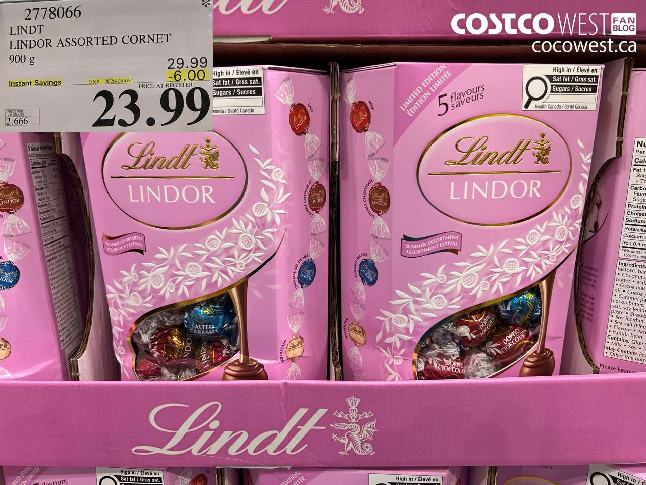 2778066 LINDT LINDOR ASSORTED CORNET 900 G ($6.00 INSTANT SAVINGS EXPIRES ON 2026-06-07) $23.99