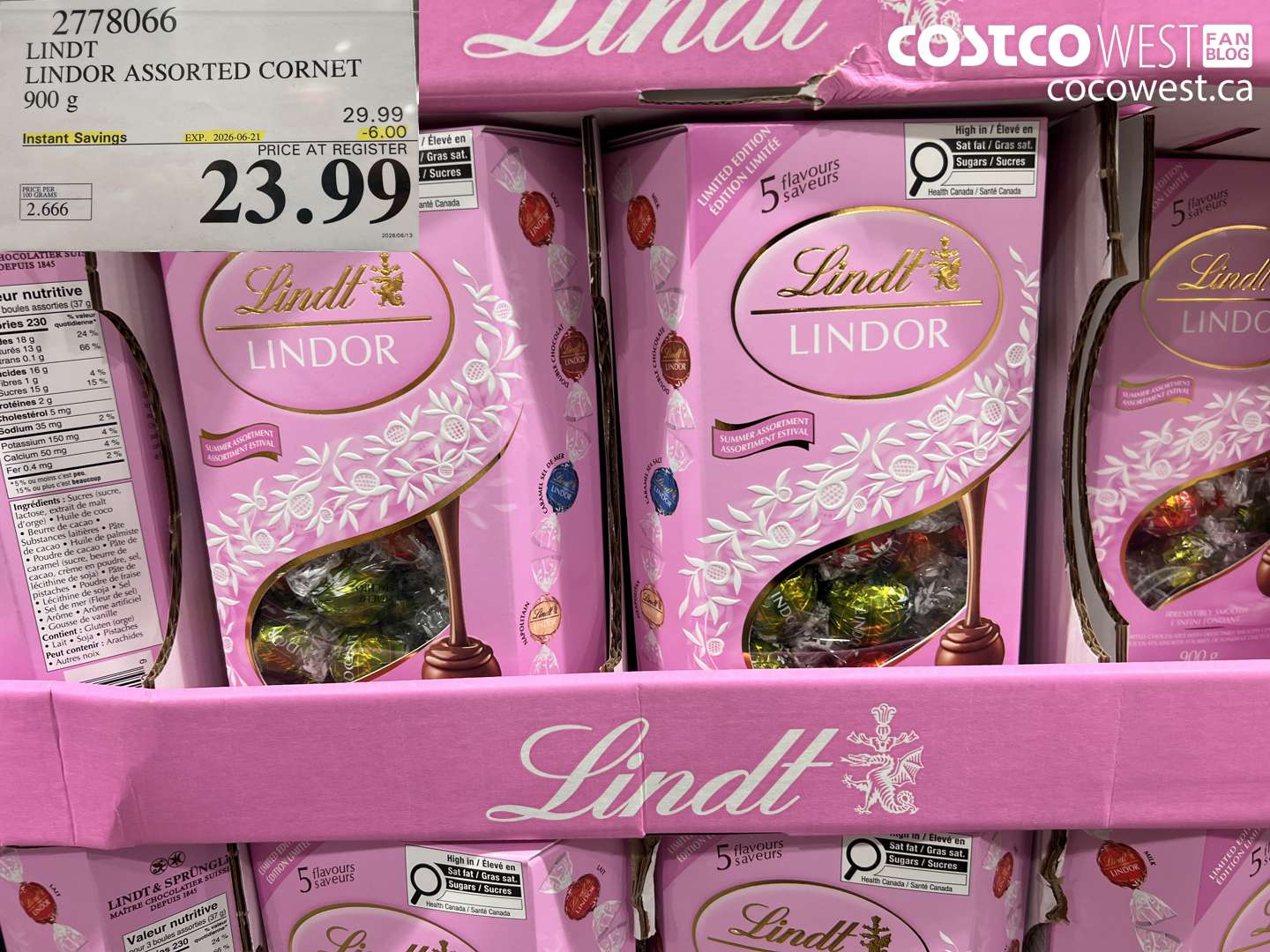 2778066 LINDT LINDOR ASSORTED CORNET 900 G ($6.00 INSTANT SAVINGS EXPIRES ON 2026-06-21) $23.99