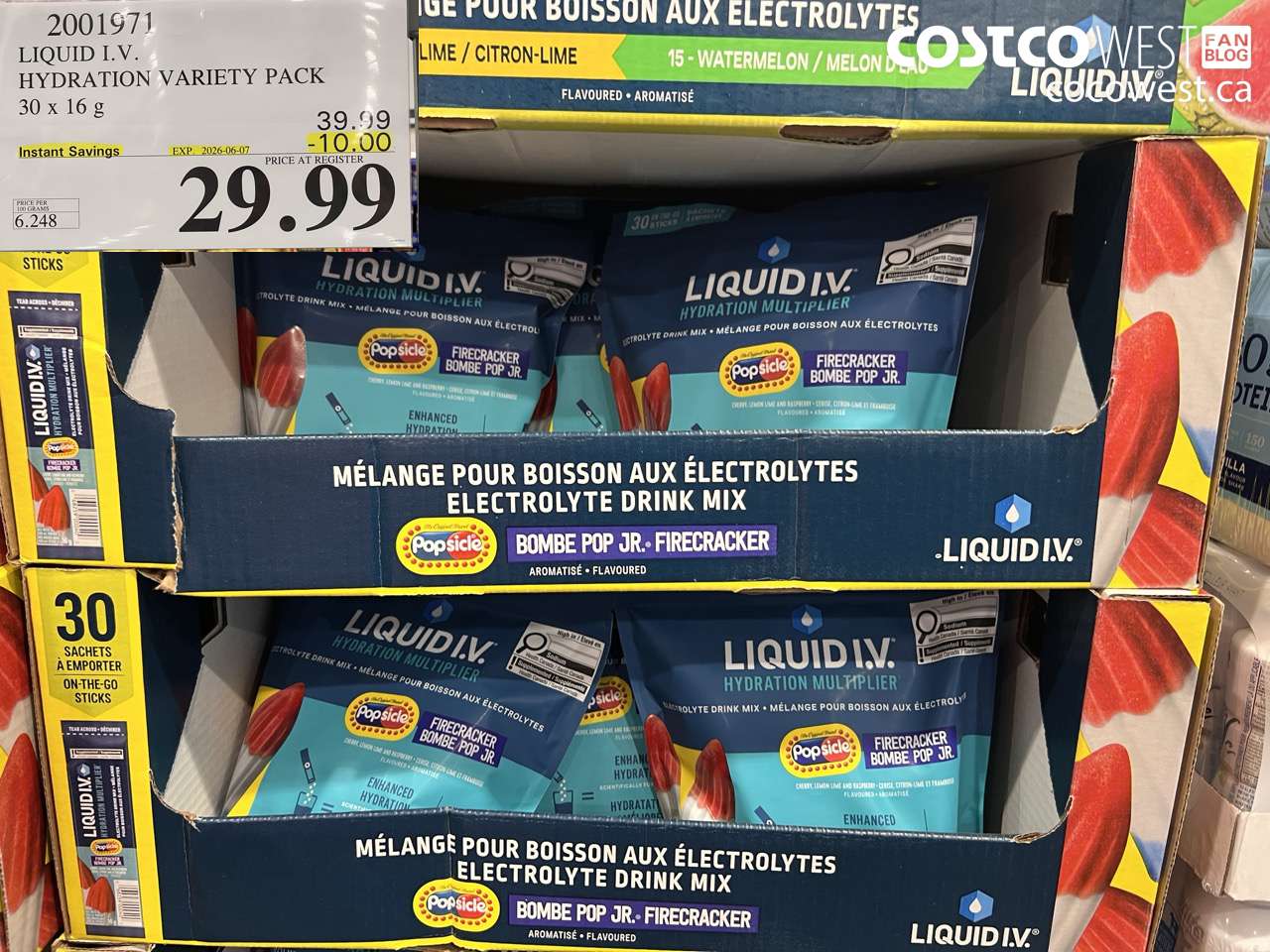 2001971 LIQUID I.V. HYDRATION VARIETY PACK 30 X 16 G ($10.00 INSTANT SAVINGS EXPIRES ON 2026-06-07) $29.99