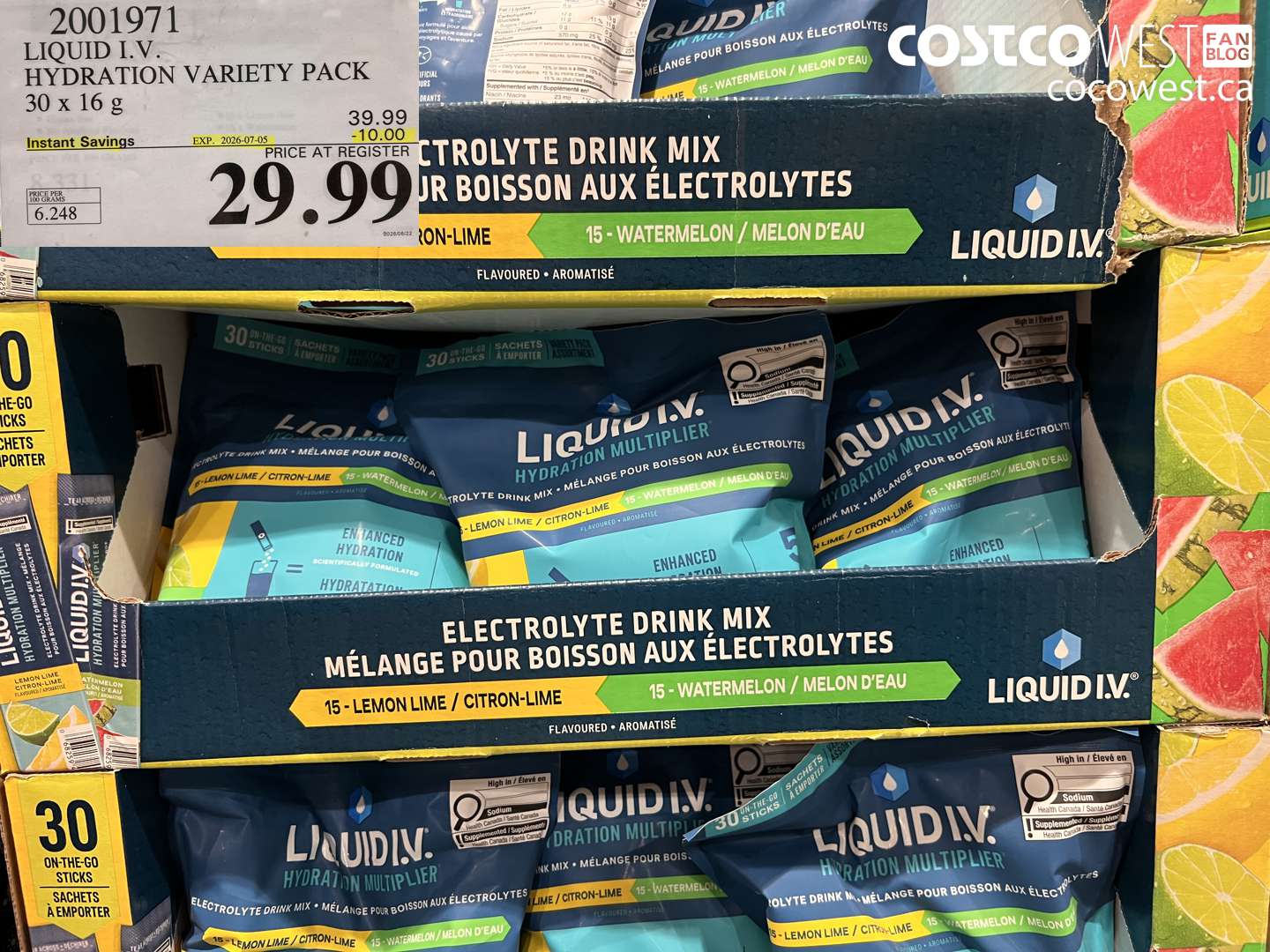 2001971 LIQUID I.V. HYDRATION VARIETY PACK 30 X 16 G ($10.00 INSTANT SAVINGS EXPIRES ON 2026-07-05) $29.99