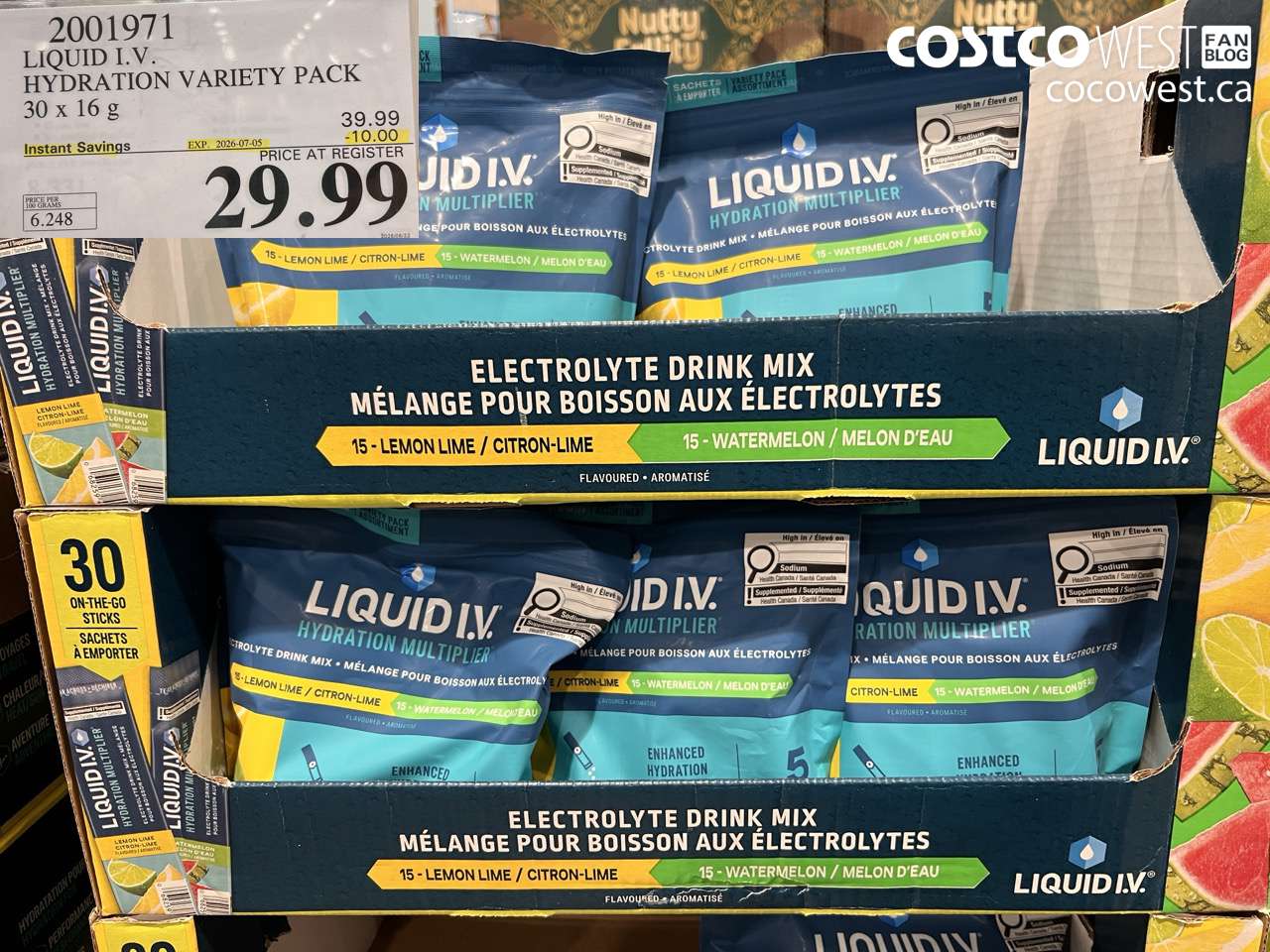 2001971 LIQUID I.V. HYDRATION VARIETY PACK 30 X 16 G ($10.00 INSTANT SAVINGS EXPIRES ON 2026-07-05) $29.99
