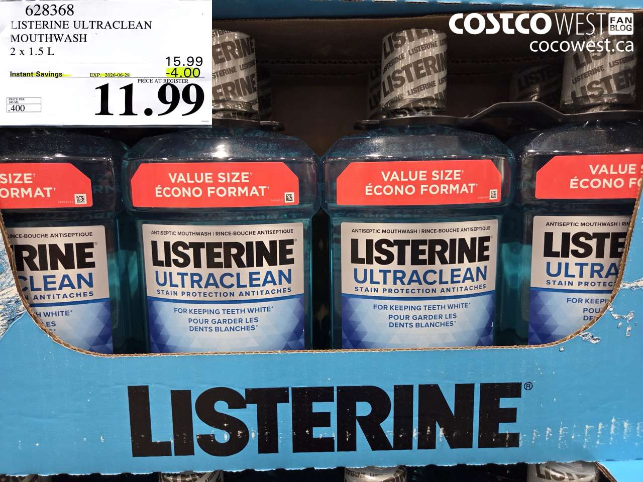 628368 LISTERINE ULTRACLEAN MOUTHWASH 2 X 1.5 L ($4.00 INSTANT SAVINGS EXPIRES ON 2026-06-28) $11.99