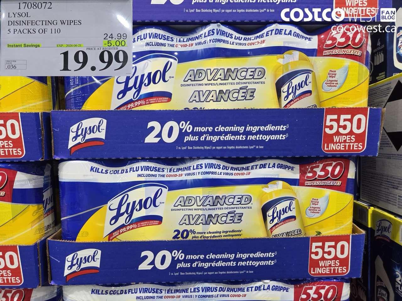 1708072 LYSOL DISINFECTING WIPES 5 PACKS OF 110 ($5.00 INSTANT SAVINGS EXPIRES ON 2026-06-21) $19.99