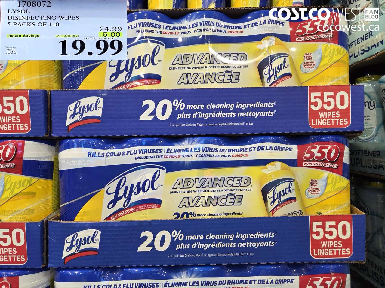 1708072 LYSOL DISINFECTING WIPES 5 PACKS OF 110 ($5.00 INSTANT SAVINGS EXPIRES ON 2026-06-21) $19.99
