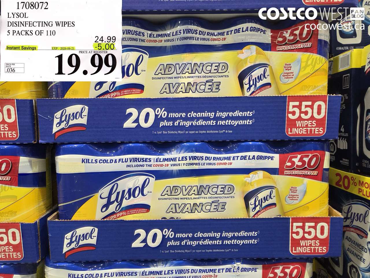 1708072 LYSOL DISINFECTING WIPES 5 PACKS OF 110 ($5.00 INSTANT SAVINGS EXPIRES ON 2026-06-21) $19.99