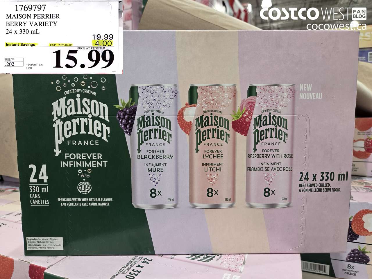 1769797 MAISON PERRIER BERRY VARIETY 24 X 330 ML ($4.00 INSTANT SAVINGS EXPIRES ON 2026-07-05) $15.99