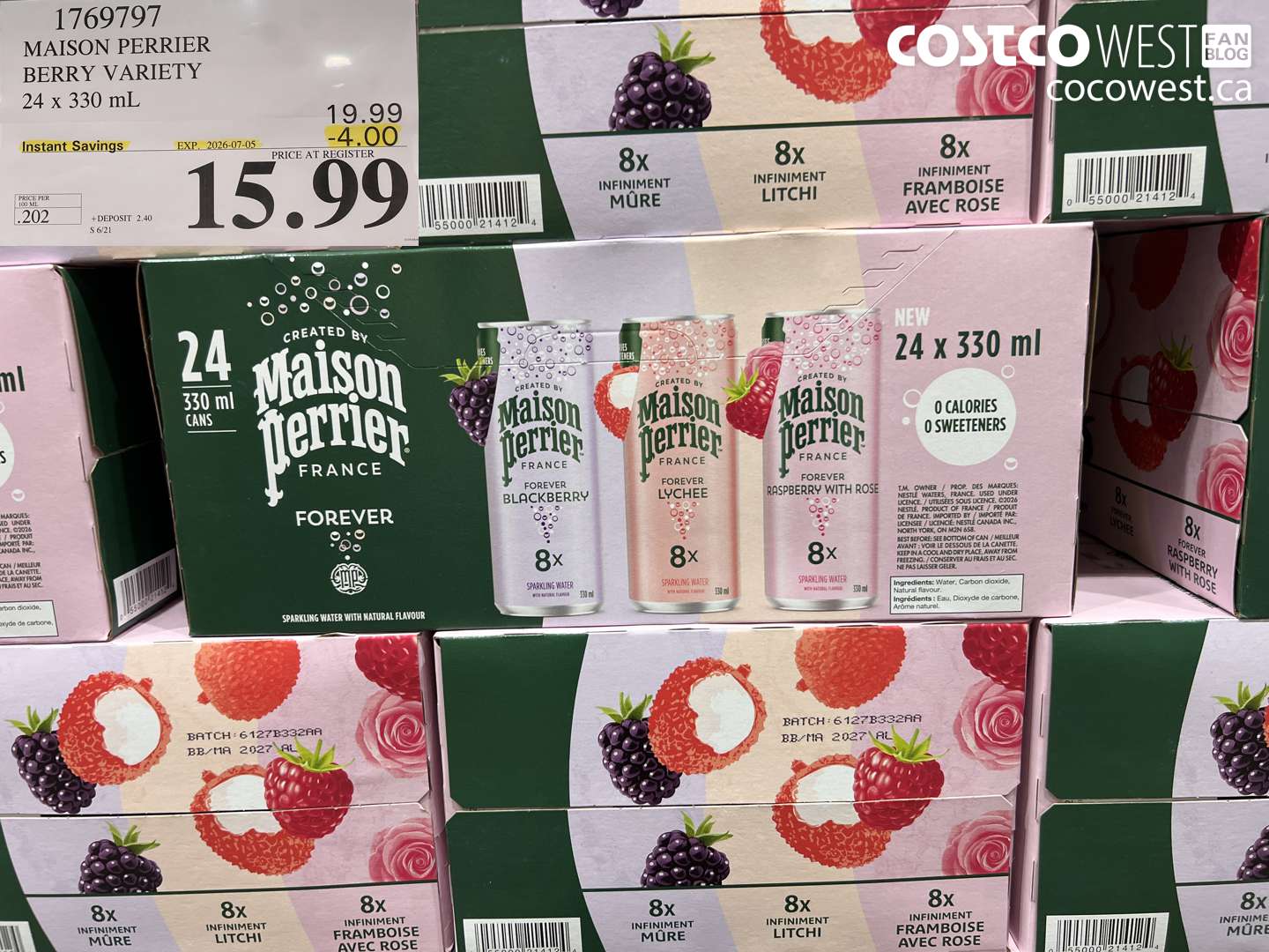 1769797 MAISON PERRIER BERRY VARIETY 24 X 330 ML ($4.00 INSTANT SAVINGS EXPIRES ON 2026-07-05) $15.99