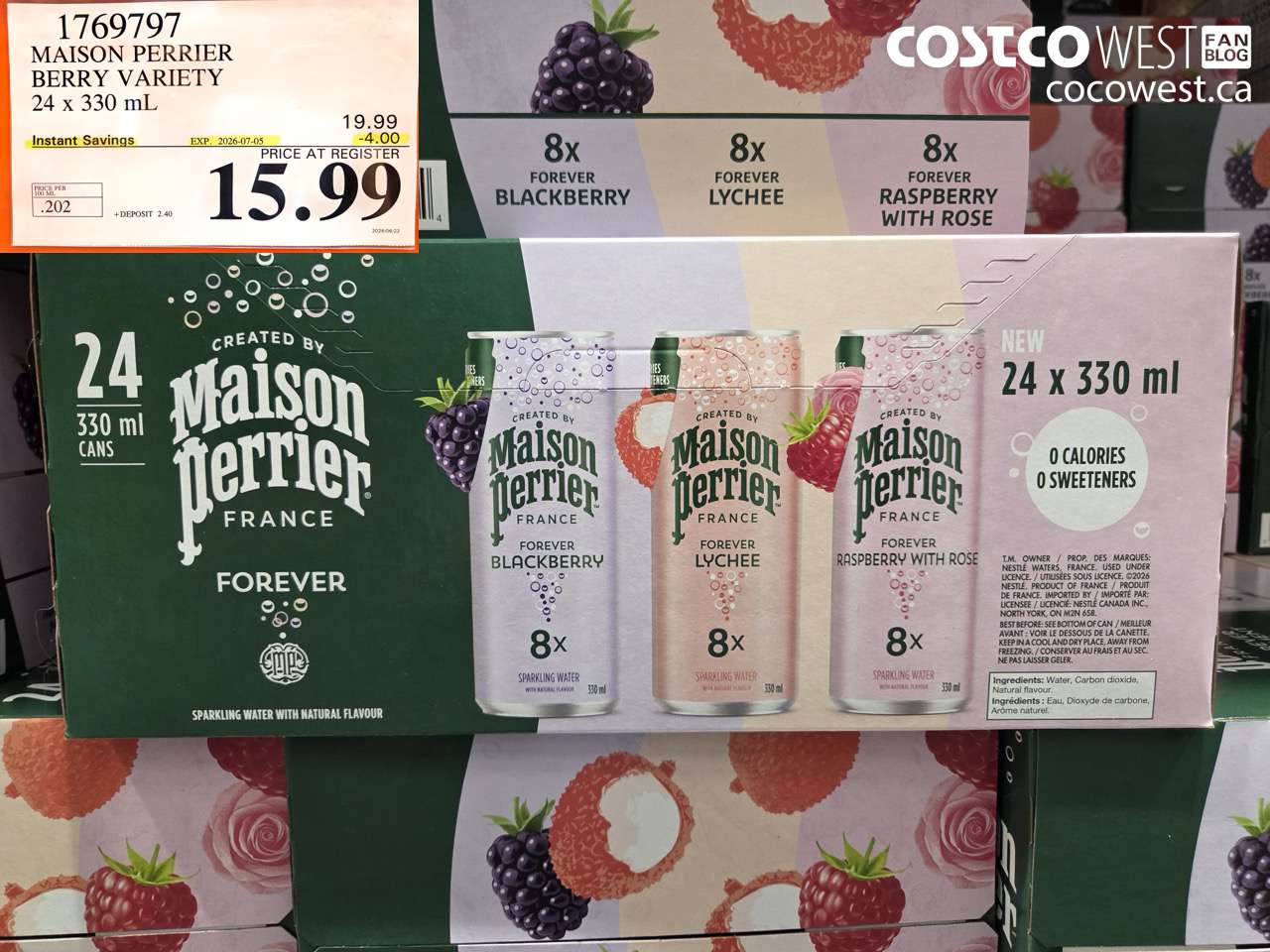 1769797 MAISON PERRIER BERRY VARIETY 24 X 330 ML ($4.00 INSTANT SAVINGS EXPIRES ON 2026-07-05) $15.99