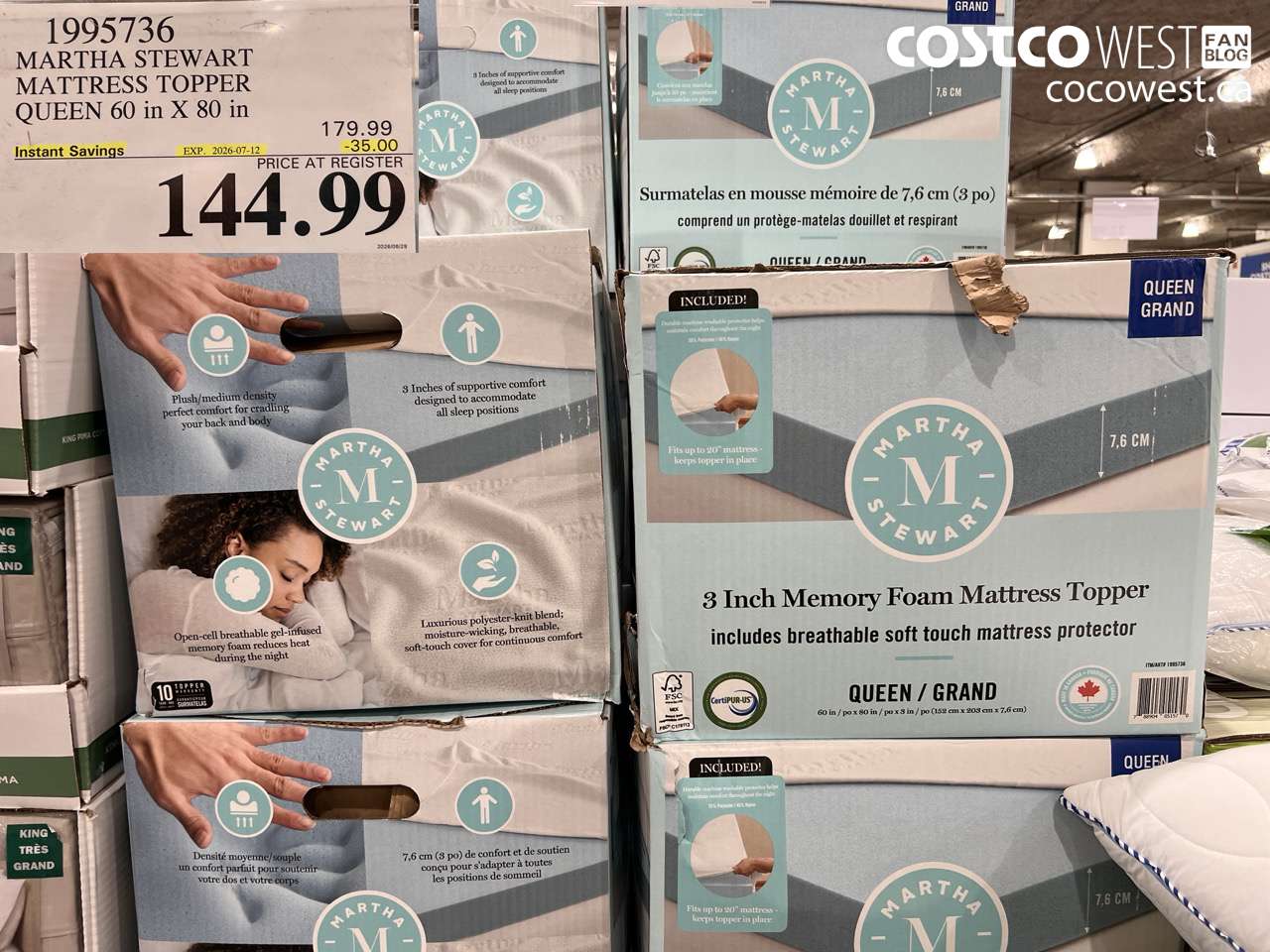 1995736 MARTHA STEWART MATTRESS TOPPER QUEEN 60 IN X 80 IN ($35.00 INSTANT SAVINGS EXPIRES ON 2026-07-12) $144.99