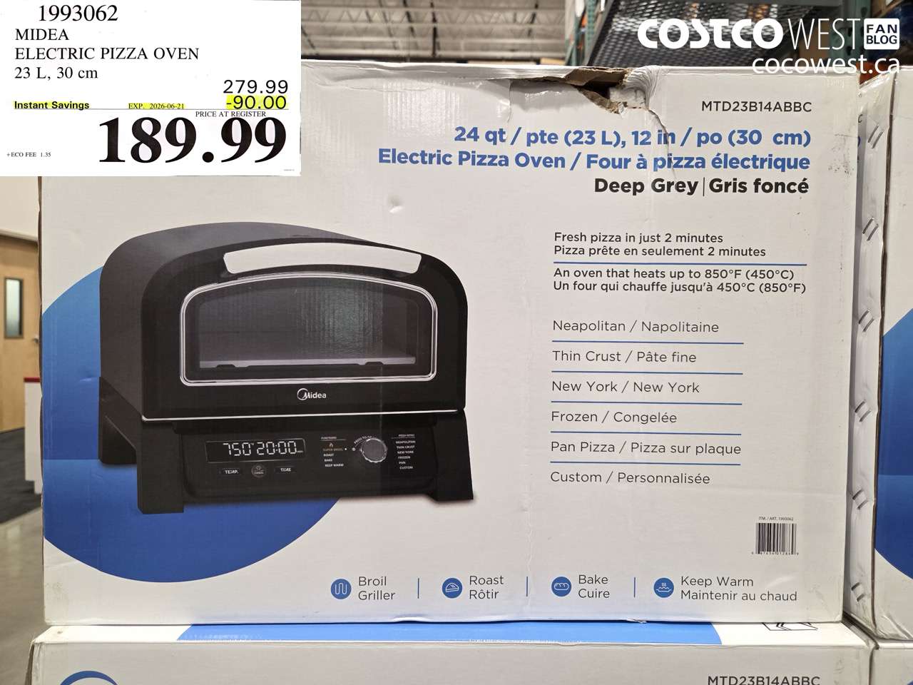 1993062 MIDEA ELECTRIC PIZZA OVEN 23 L, 30 CM ($90.00 INSTANT SAVINGS EXPIRES ON 2026-06-21) $189.99