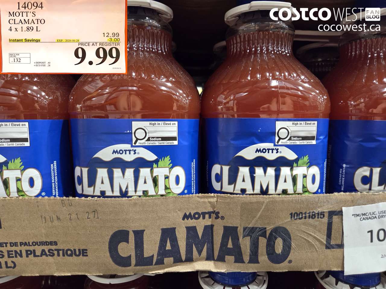 14094 MOTT'S CLAMATO 4 X 1.89 L ($3.00 INSTANT SAVINGS EXPIRES ON 2026-06-28) $9.99