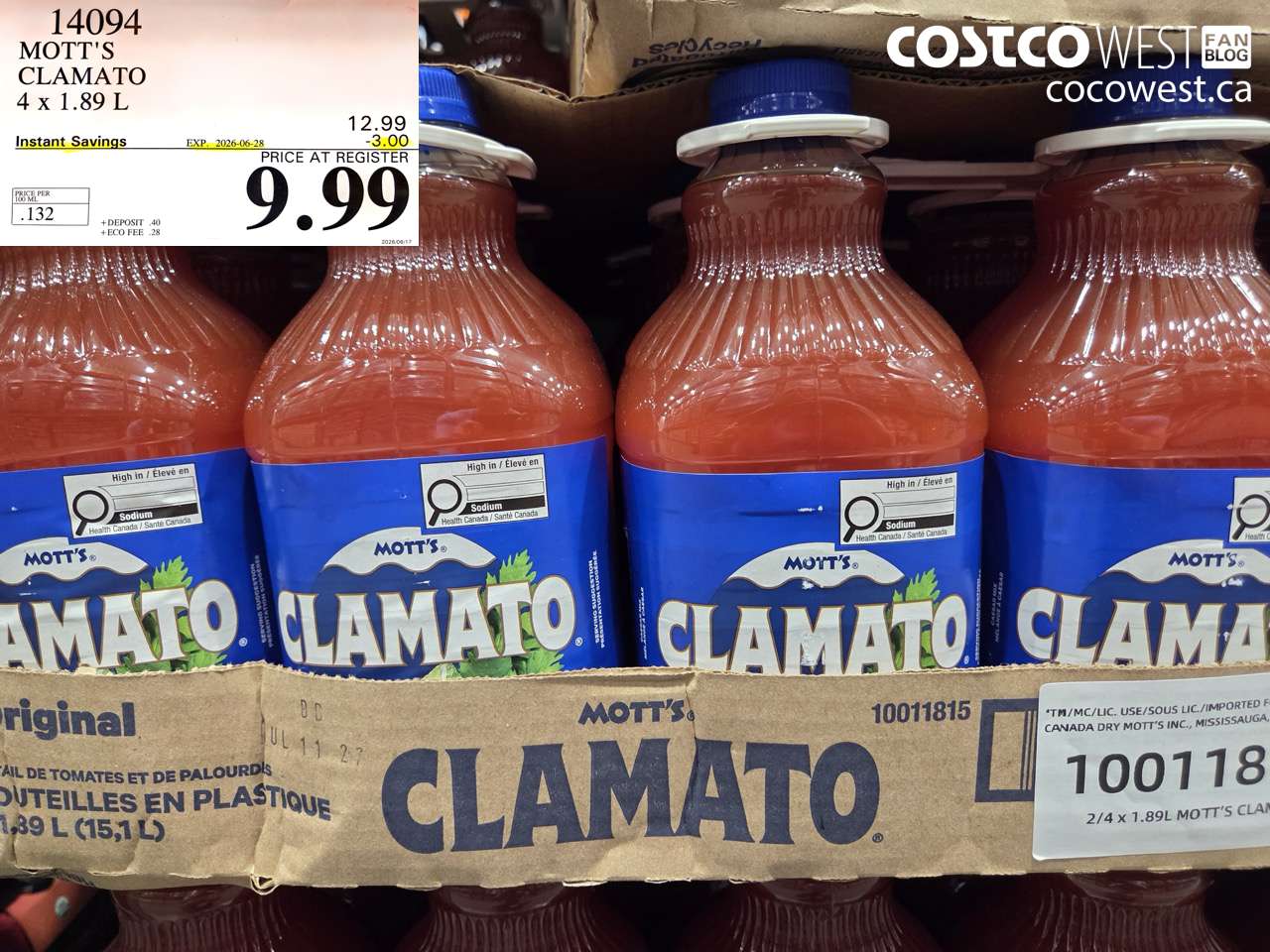 14094 MOTT'S CLAMATO 4 X 1.89 L ($3.00 INSTANT SAVINGS EXPIRES ON 2026-06-28) $9.99