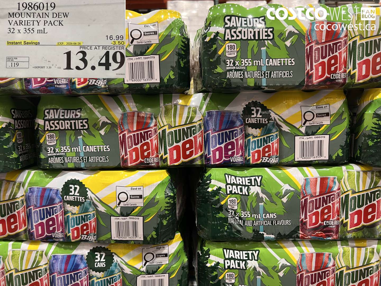 1986019 MOUNTAIN DEW VARIETY PACK 32 X 355 ML ($3.50 INSTANT SAVINGS EXPIRES ON 2026-06-28) $13.49