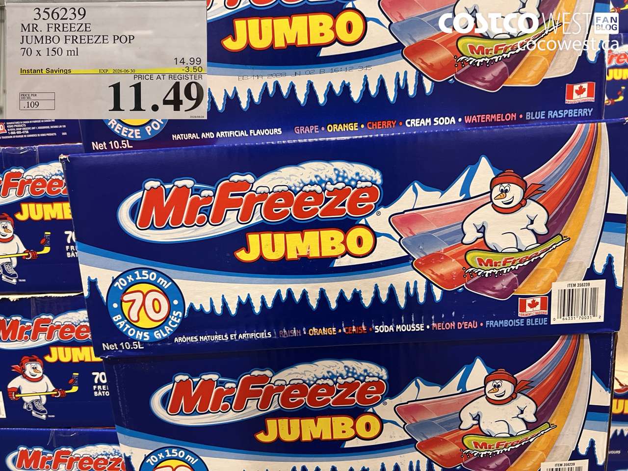 356239 MR. FREEZE JUMBO FREEZE POP 70 X 150 ML ($3.50 INSTANT SAVINGS EXPIRES ON 2026-06-30) $11.49