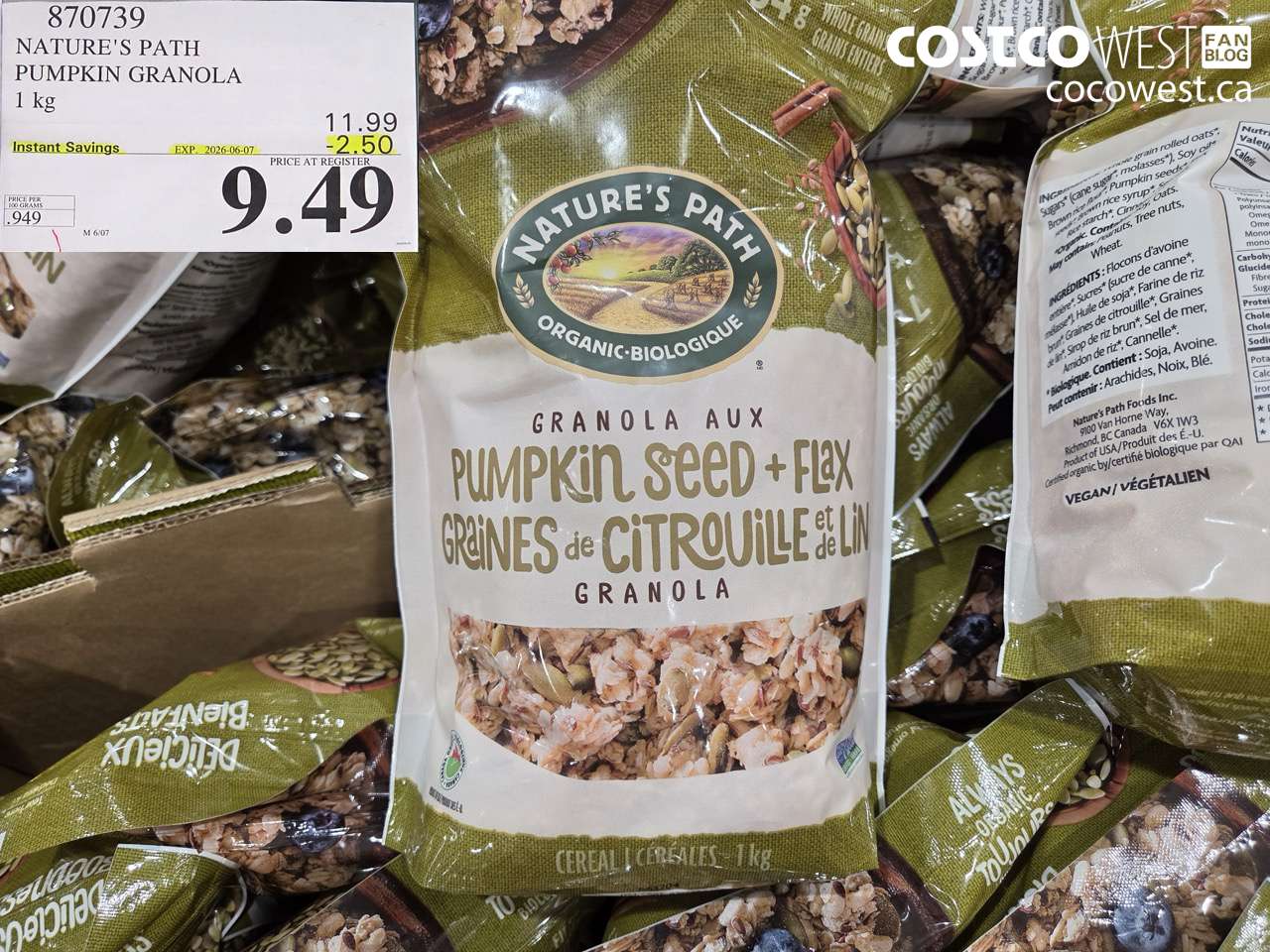 870739 NATURE'S PATH PUMPKIN GRANOLA 1 KG ($2.50 INSTANT SAVINGS EXPIRES ON 2026-06-07) $9.49