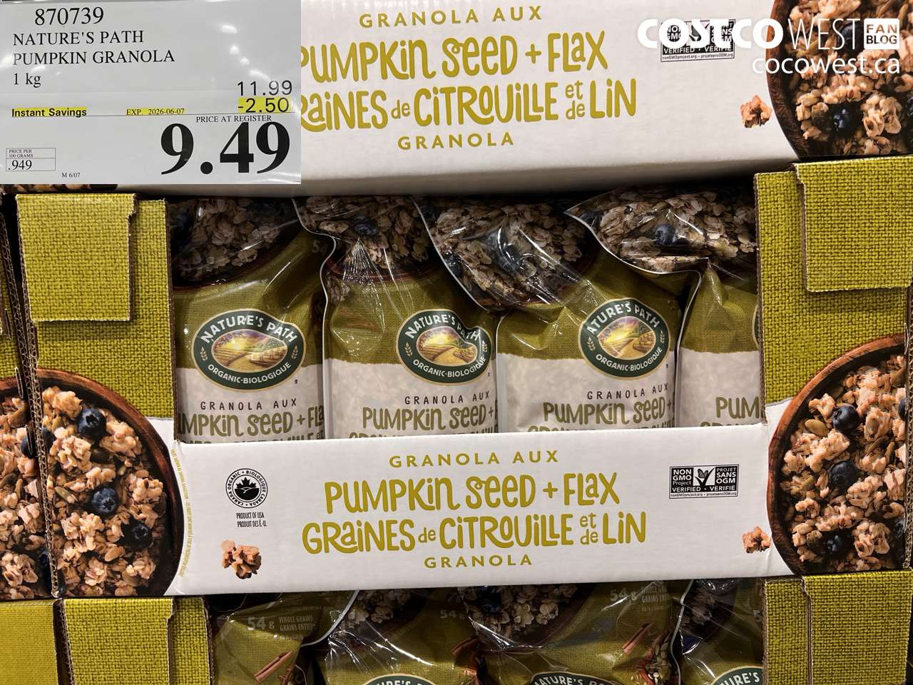 870739 NATURE'S PATH PUMPKIN GRANOLA 1 KG ($2.50 INSTANT SAVINGS EXPIRES ON 2026-06-07) $9.49