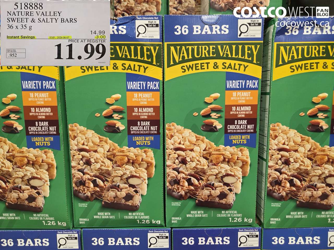 518888 NATURE VALLEY SWEET & SALTY BARS 36 X 35 G ($3.00 INSTANT SAVINGS EXPIRES ON 2026-06-07) $11.99