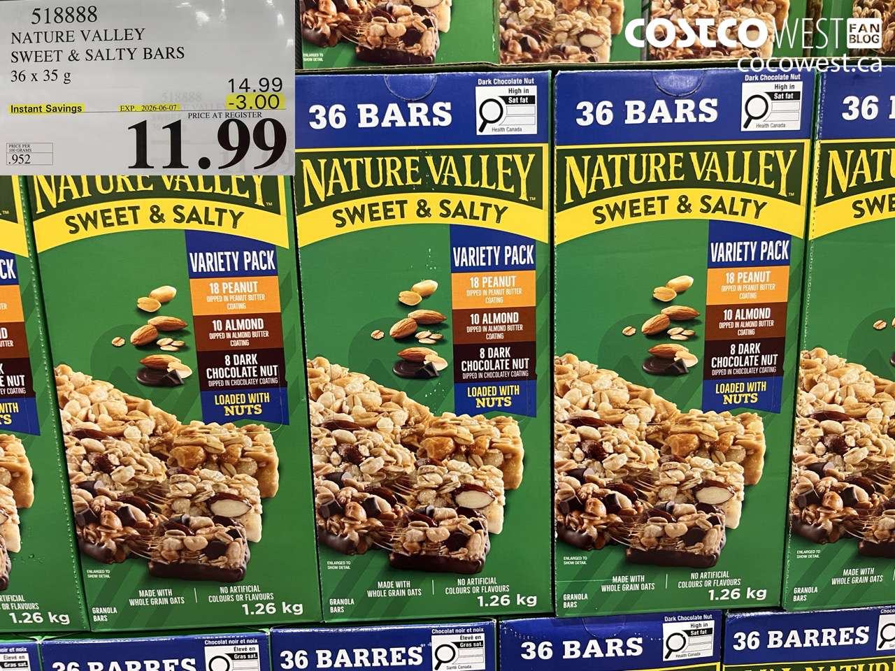 518888 NATURE VALLEY SWEET & SALTY BARS 36 X 35 G ($3.00 INSTANT SAVINGS EXPIRES ON 2026-06-07) $11.99