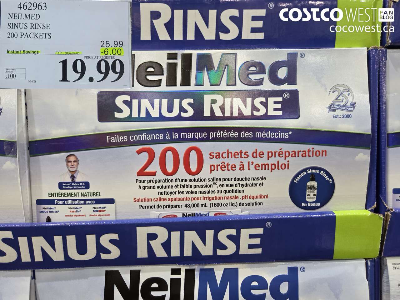 462963 NEILMED SINUS RINSE 200 PACKETS ($6.00 INSTANT SAVINGS EXPIRES ON 2026-07-05) $19.99