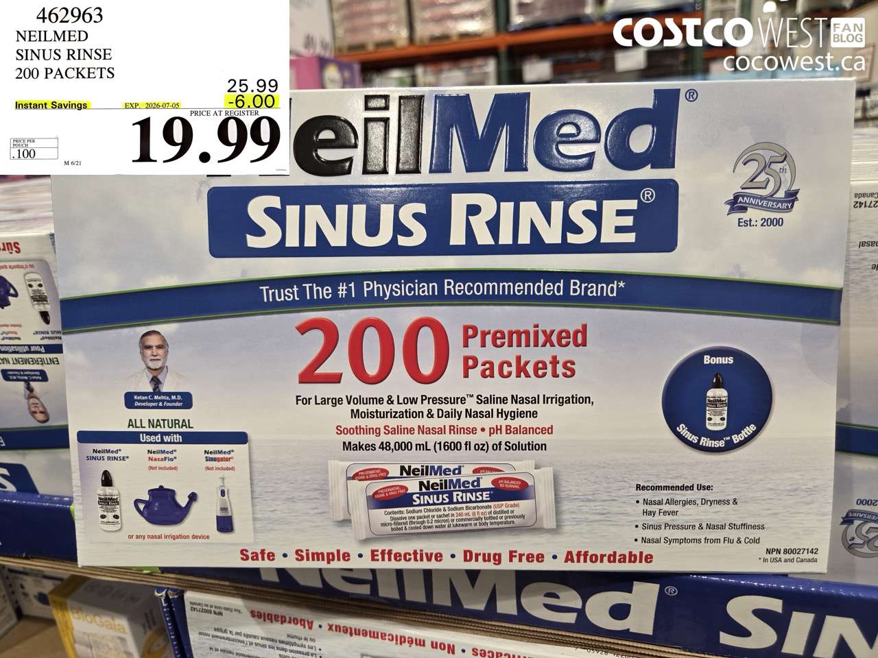 462963 NEILMED SINUS RINSE 200 PACKETS ($6.00 INSTANT SAVINGS EXPIRES ON 2026-07-05) $19.99