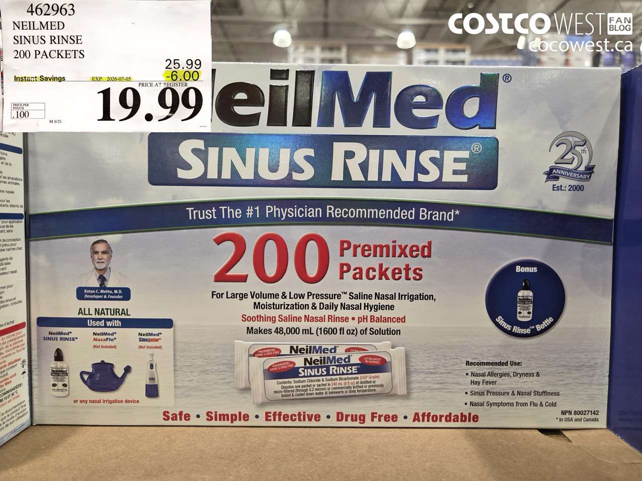 462963 NEILMED SINUS RINSE 200 PACKETS ($6.00 INSTANT SAVINGS EXPIRES ON 2026-07-05) $19.99