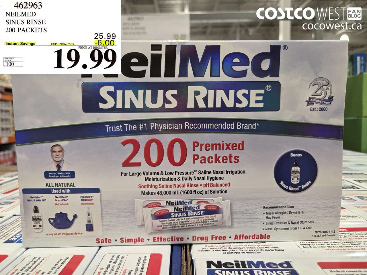 462963 NEILMED SINUS RINSE 200 PACKETS ($6.00 INSTANT SAVINGS EXPIRES ON 2026-07-05) $19.99