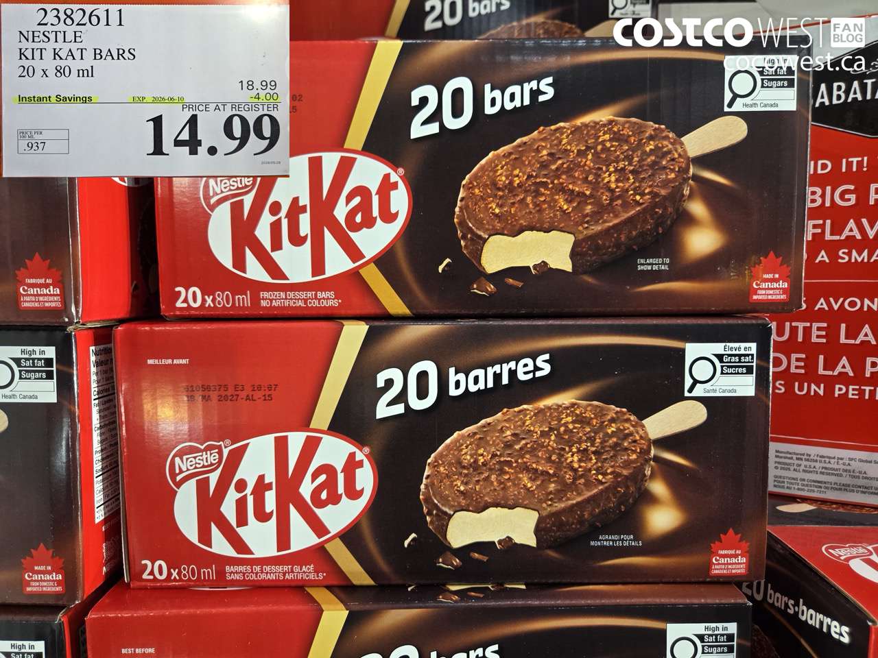 2382611 NESTLE KIT KAT BARS 20 X 80 ML ($4.00 INSTANT SAVINGS EXPIRES ON 2026-06-10) $14.99