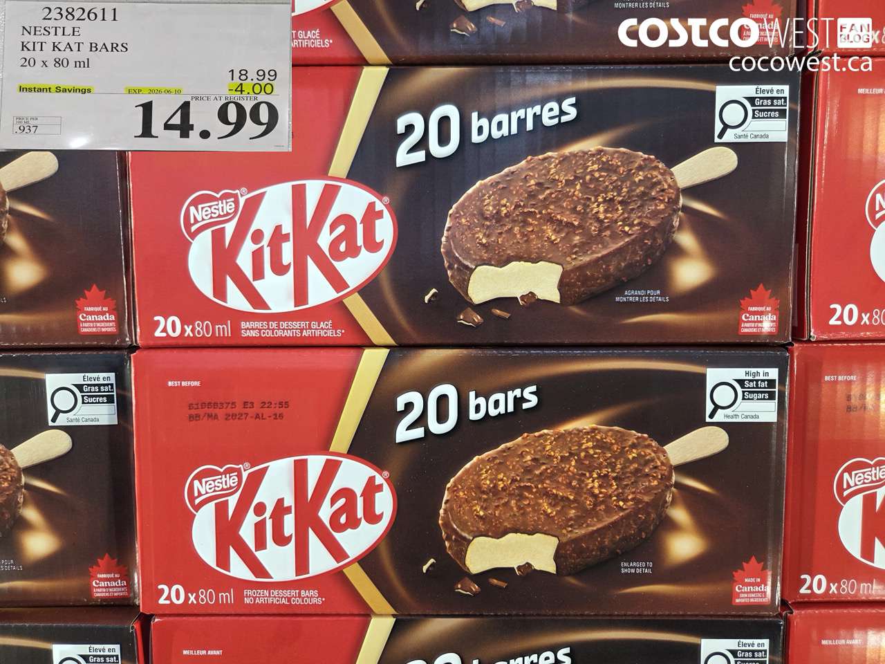 2382611 NESTLE KIT KAT BARS 20 X 80 ML ($4.00 INSTANT SAVINGS EXPIRES ON 2026-06-10) $14.99