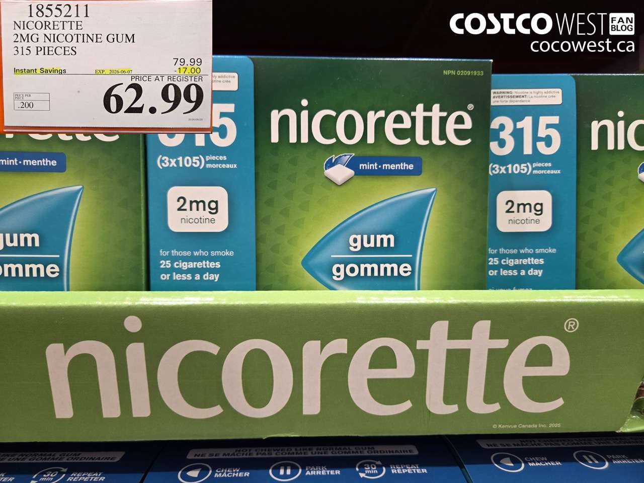 1855211 NICORETTE 2MG NICOTINE GUM 315 PIECES ($17.00 INSTANT SAVINGS EXPIRES ON 2026-06-07) $62.99