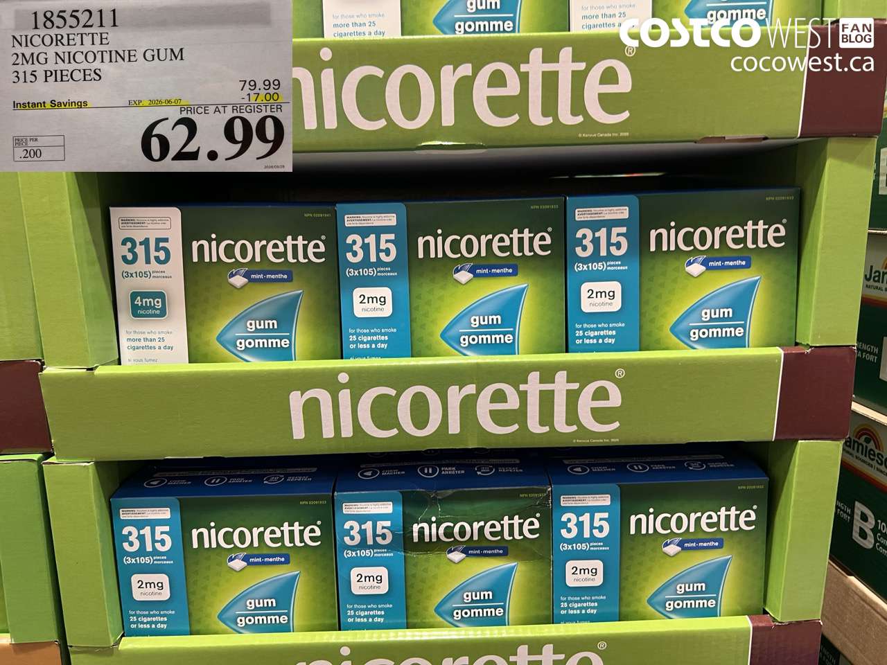 1855211 NICORETTE 2MG NICOTINE GUM 315 PIECES ($17.00 INSTANT SAVINGS EXPIRES ON 2026-06-07) $62.99