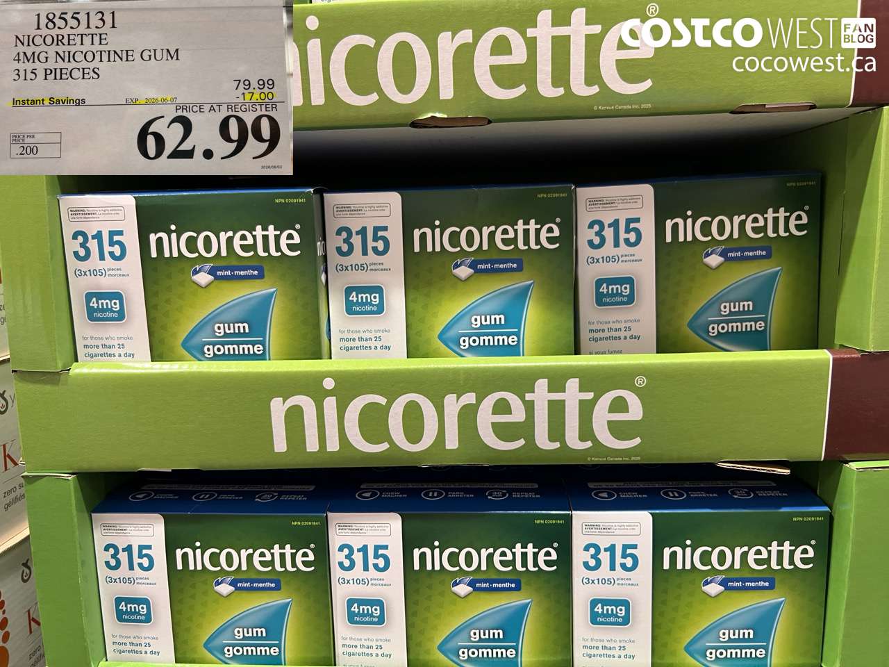 1855131 NICORETTE 4MG NICOTINE GUM 315 PIECES ($17.00 INSTANT SAVINGS EXPIRES ON 2026-06-07) $62.99
