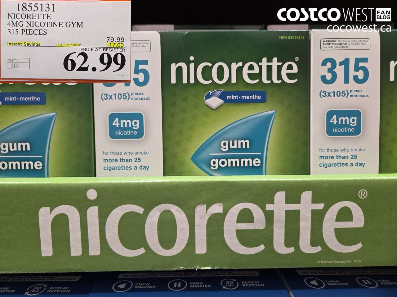 1855131 NICORETTE 4MG NICOTINE GYM 315 PIECES ($17.00 INSTANT SAVINGS EXPIRES ON 2026-06-07) $62.99