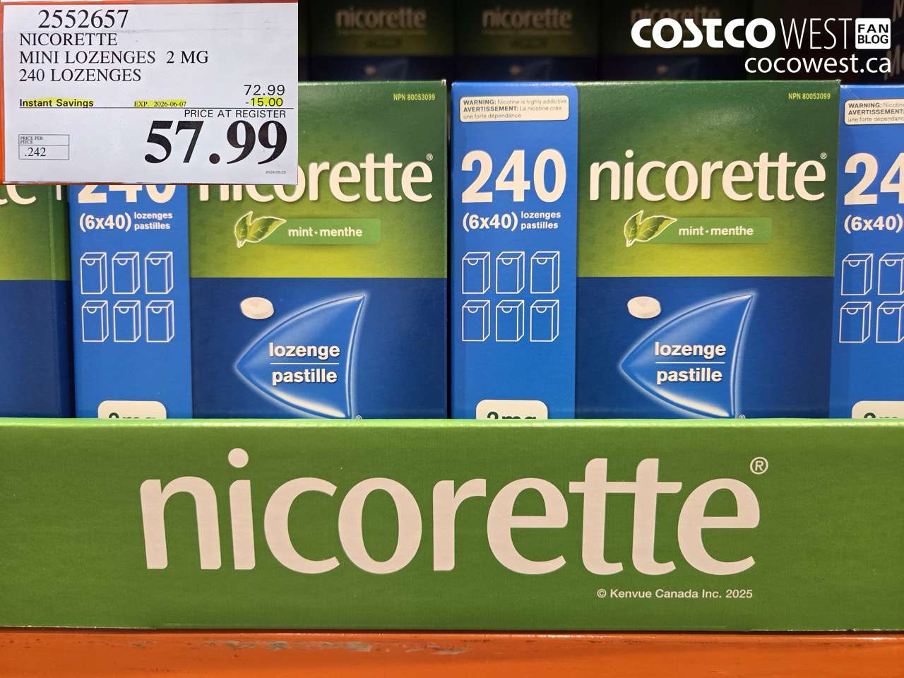 2552657 NICORETTE MINI LOZENGES 2 MG 240 LOZENGES ($15.00 INSTANT SAVINGS EXPIRES ON 2026-06-07) $57.99