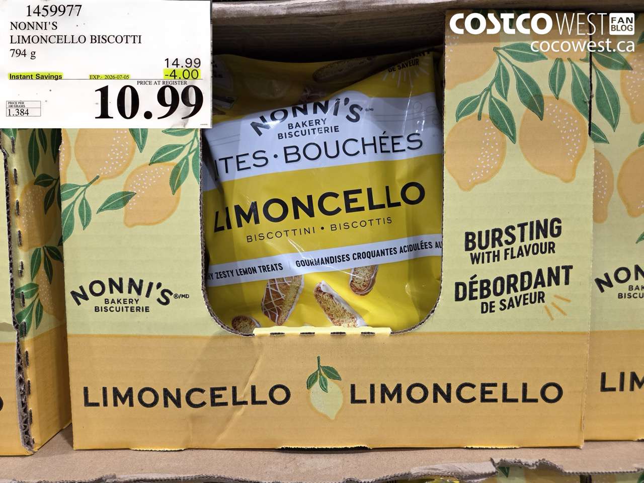 1459977 NONNI'S LIMONCELLO BISCOTTI 794 G ($4.00 INSTANT SAVINGS EXPIRES ON 2026-07-05) $10.99