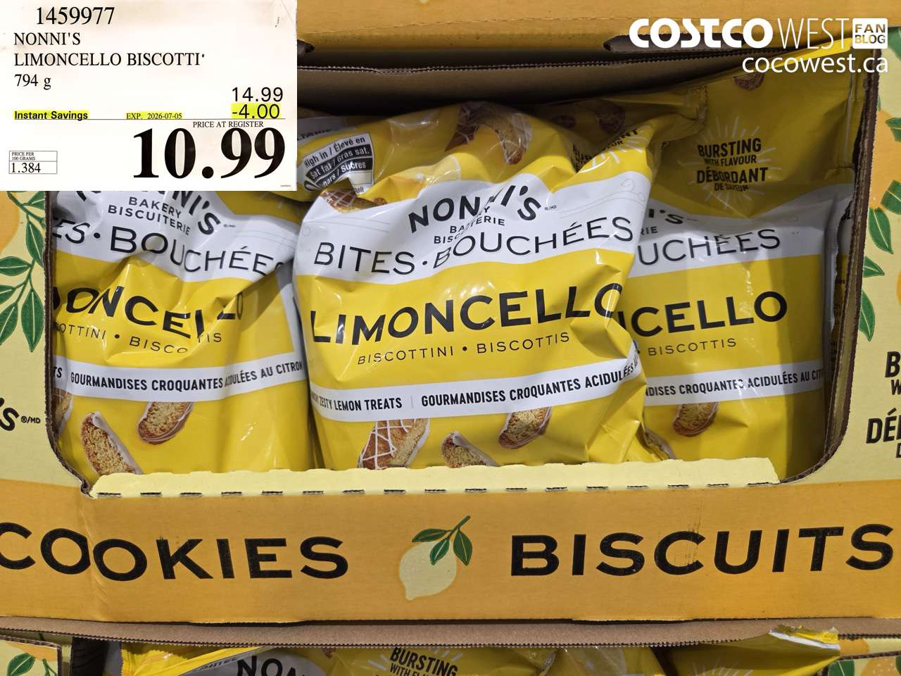 1459977 NONNI'S LIMONCELLO BISCOTTI 794 G ($4.00 INSTANT SAVINGS EXPIRES ON 2026-07-05) $10.99