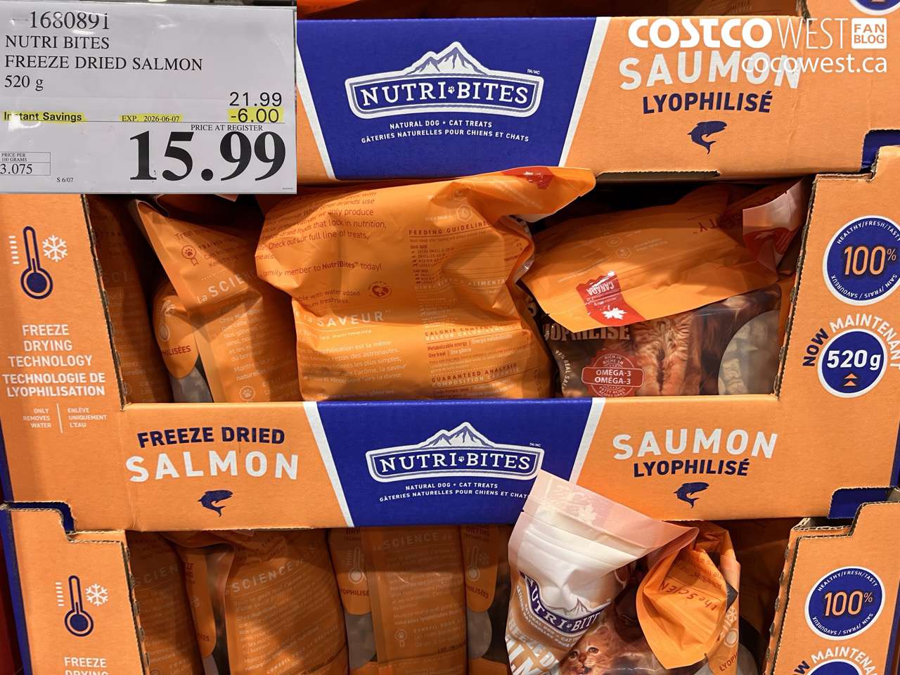 1680891 NUTRI BITES FREEZE DRIED SALMON 520 G ($6.00 INSTANT SAVINGS EXPIRES ON 2026-06-07) $15.99