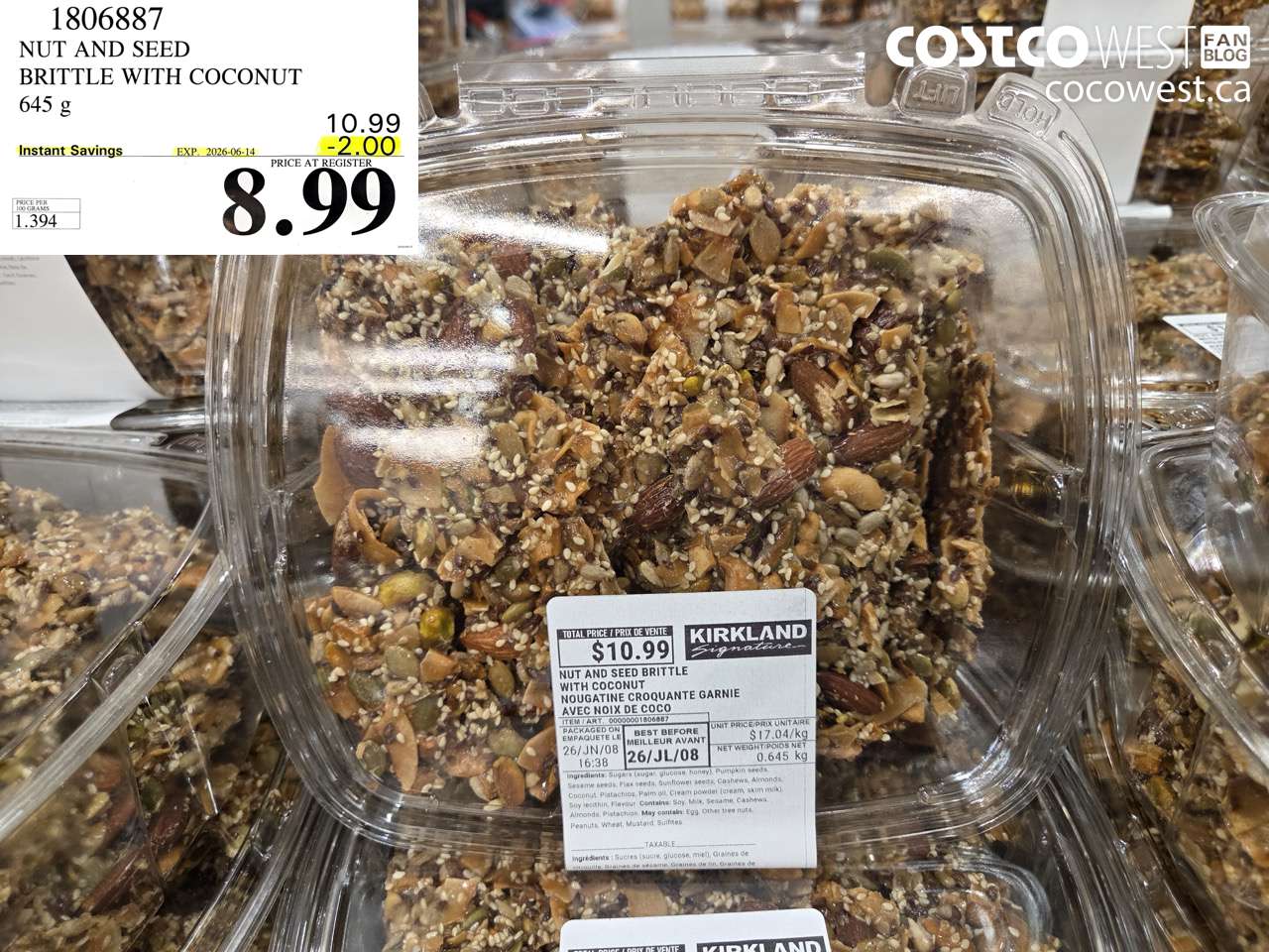 1806887 NUT AND SEED BRITTLE WITH COCONUT 645 G ($2.00 INSTANT SAVINGS EXPIRES ON 2026-06-14) $8.99