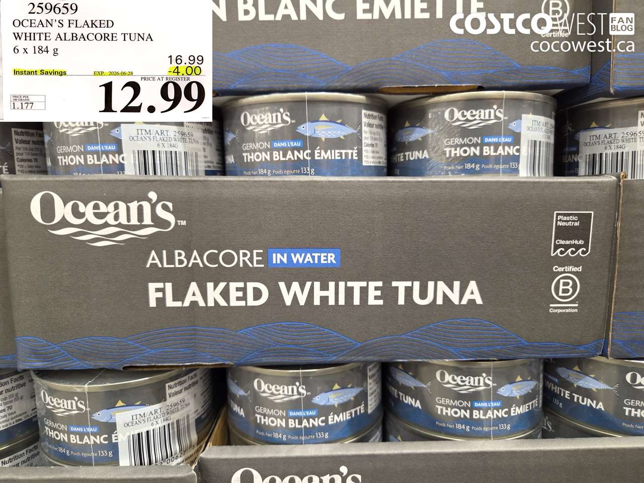 259659 OCEAN'S FLAKED WHITE ALBACORE TUNA 6 X 184 G ($4.00 INSTANT SAVINGS EXPIRES ON 2026-06-28) $12.99