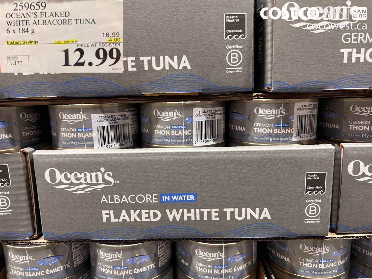 259659 OCEAN'S FLAKED WHITE ALBACORE TUNA 6 X 184 G ($4.00 INSTANT SAVINGS EXPIRES ON 2026-06-28) $12.99