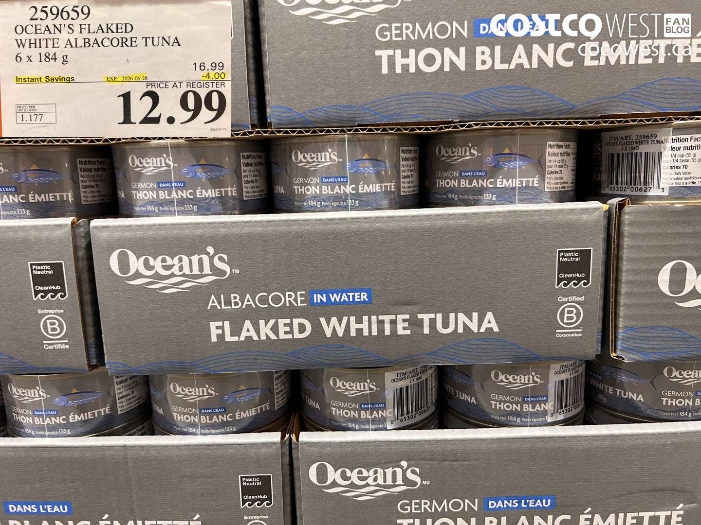259659 OCEAN'S FLAKED WHITE ALBACORE TUNA 6 X 184 G ($4.00 INSTANT SAVINGS EXPIRES ON 2026-06-28) $12.99