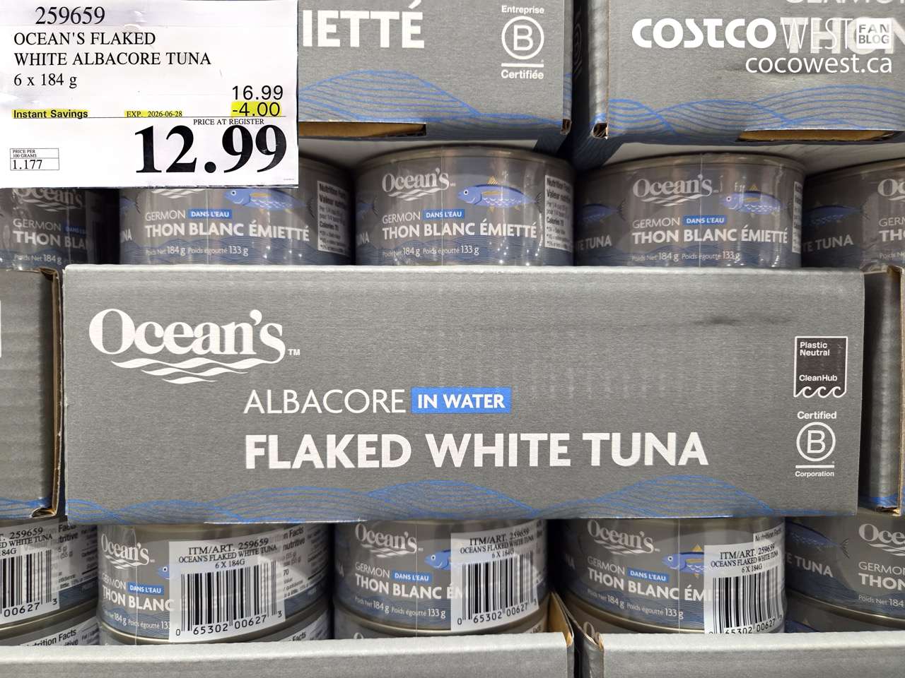 259659 OCEAN'S FLAKED WHITE ALBACORE TUNA 6 X 184 G ($4.00 INSTANT SAVINGS EXPIRES ON 2026-06-28) $12.99